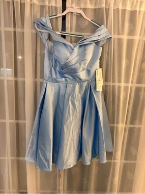 Girls' Light Blue Satin Party Dress with Off-Shoulder Detail